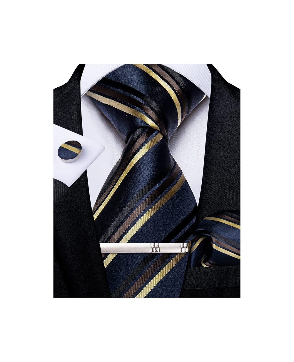 4038 Striped Tie Silk Woven Necktie and Pocket Square Cufflinks Tie Clip